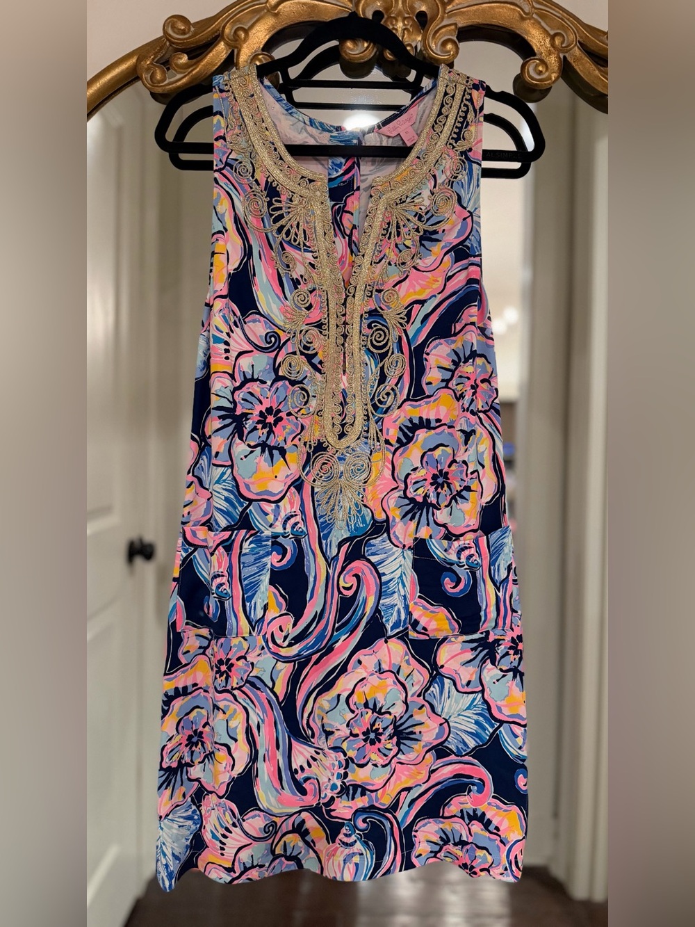 Lilly Pulitzer Carlotta Stretch Shift Dress Nauti Navy Boho Bateau, Sz 10